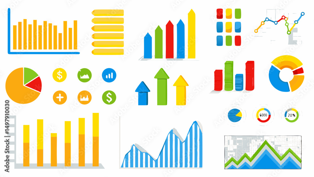 Poster collection of colorful infographic elements including bar charts pie charts and line graphs displaye