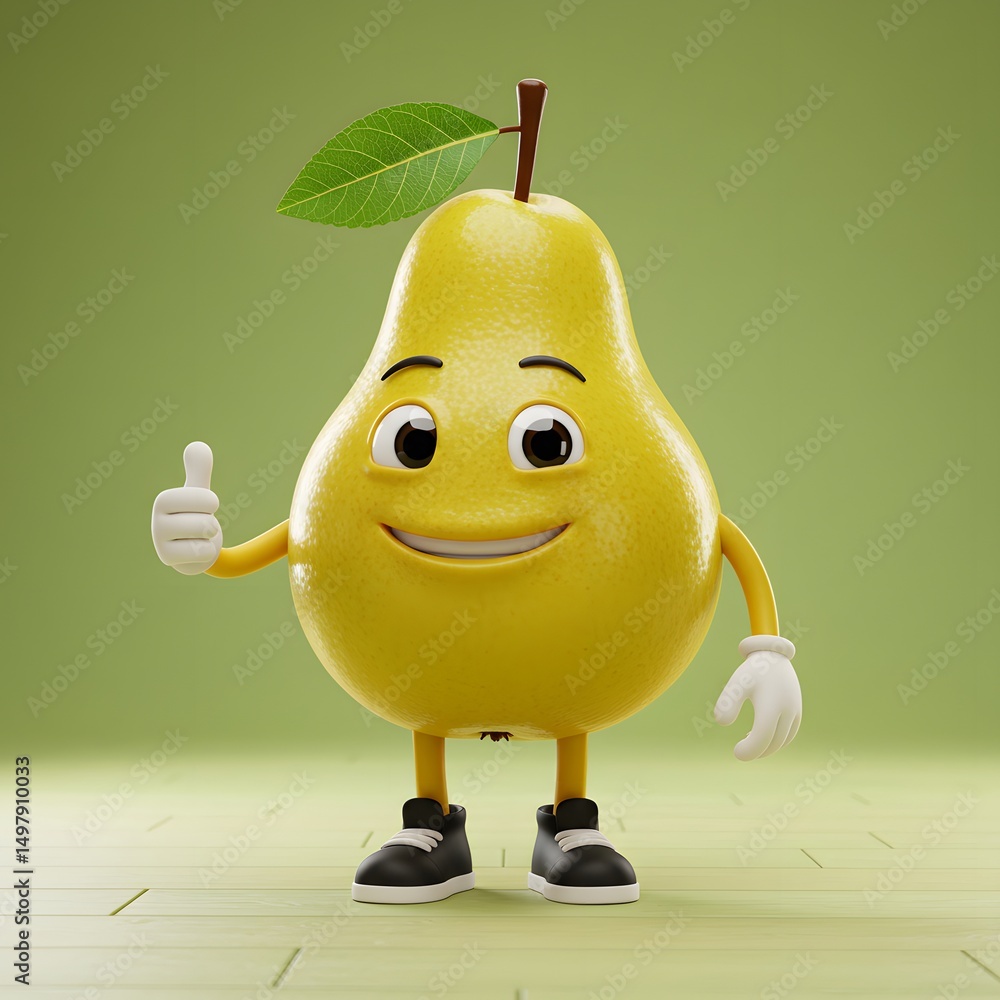 Poster 3d a anthropomorphic pear character with a cheerful expression, giving a thumbs-up gesture. the pear