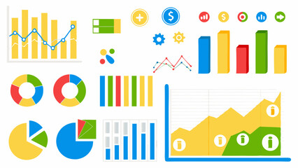 Fototapeta premium Illustration of various types of charts and graphs including bar pie line and area charts with icons displayed