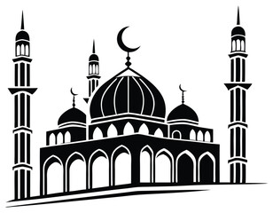 Mosque silhouette with crescent moon and minarets