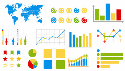 Fototapeta premium Illustration showing world map, bar graphs, pie charts, line graphs, and star rating indicators, all in color