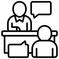 Career Counseling - Outline Icon - Two people talking at a desk with speech bubbles, symbolizing mentorship, career advice, or guidance