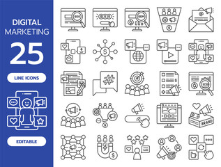 Digital Marketing Line Icon Set. Includes 25 editable vector icons such as SEO, SEM, email marketing, social media, analytics, influencer, landing page, branding, lead generation, and more.