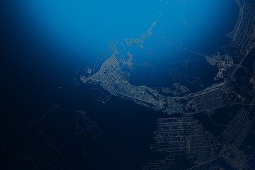 Street map of Abu Dhabi (UAE) engraved on blue metal background. View with light coming from top. 3d render, illustration