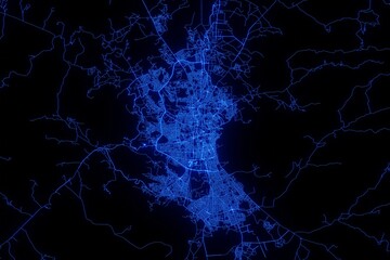 Street map of Sanaa (Yemen) made with blue illumination and glow effect. Top view on roads network