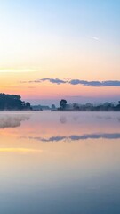 Fototapeta premium Tranquil Lake at Sunrise with Soft Pastel Colors and Misty Reflection