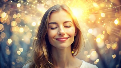 A woman smiles peacefully with closed eyes, surrounded by glowing, radiant lights and sparkling effects, creating a serene and joyful atmosphere.