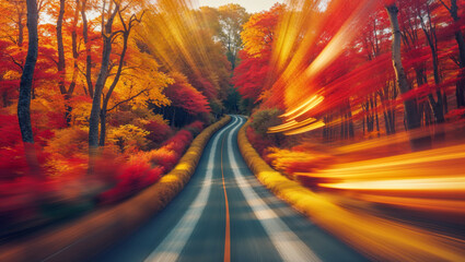 A picturesque road surrounded by autumn's vibrant colors, captured with a dynamic motion effect.