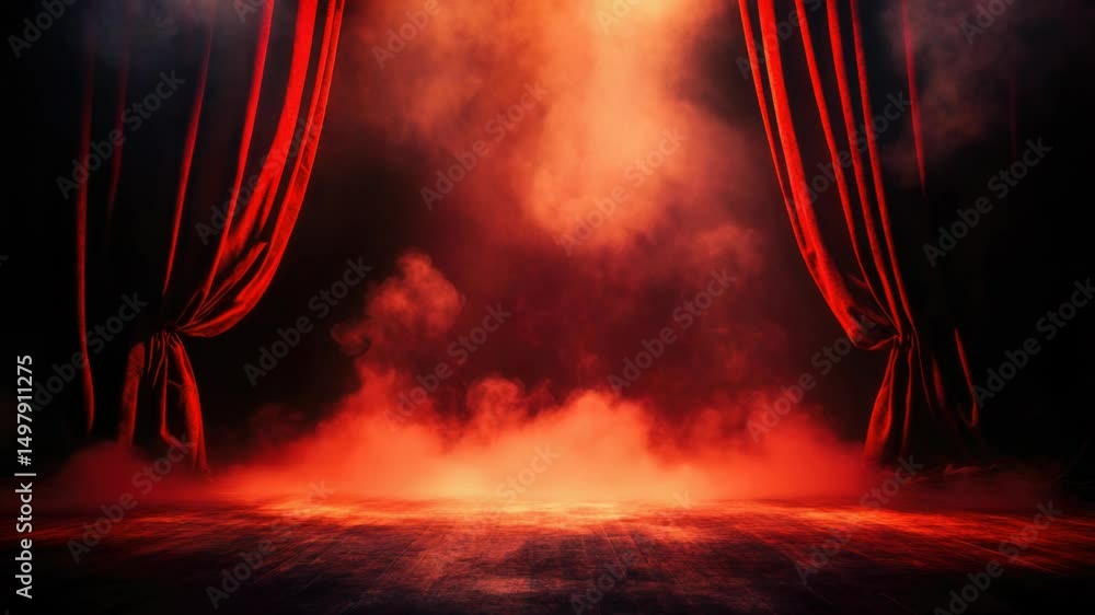 Poster a stage scene with red curtains and smoke, suitable for theatrical or performance use