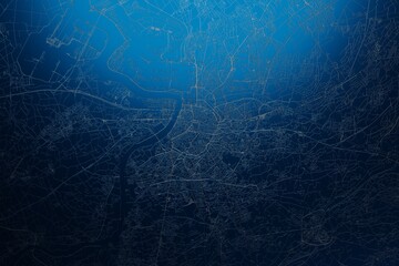 Street map of Antwerp (Belgium) engraved on blue metal background. View with light coming from top. 3d render, illustration