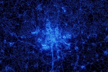 Street map of Brno (Czechia) made with blue illumination and glow effect. Top view on roads network