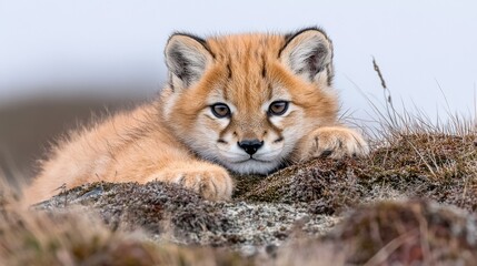 A young cheetah cub resting on a rocky surface with a focused gaze