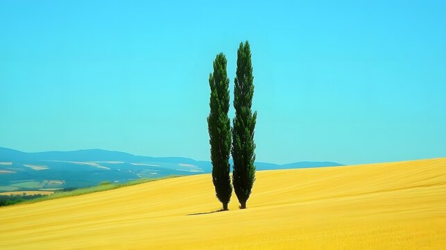 Two Poplar Trees in Golden Wheat Field under Blue Sky
