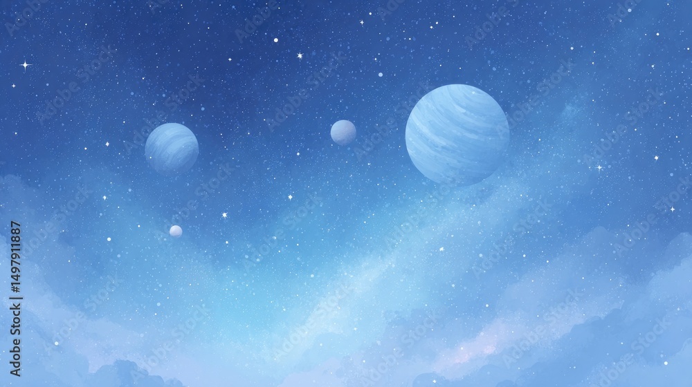 Poster clean minimalistic astronomy-inspired illustration showing various celestial bodies under different 