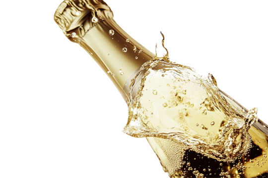 A gold champagne bottle with liquid splashing dynamically, set against a stark black background, showcasing effervescence and celebratory imagery