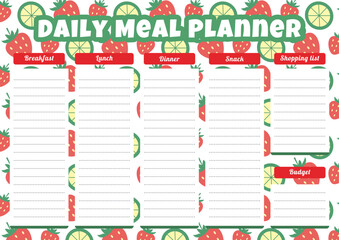 Daily meal planner template on a pattern of strawberries and lime slices with a place for notes. Horizontal A4 sheet