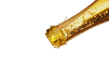 Close-up of a champagne bottle neck, showing golden liquid and bubbles rising near the top, against a black background
