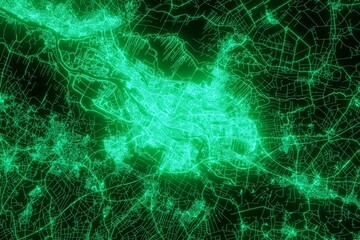 Map of the streets of Bremen (Germany) made with green illumination and glow effect. Top view on roads network. 3d render, illustration