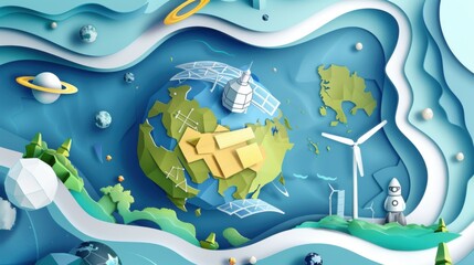 Global Map with Renewable Energy and Space Exploration Elements