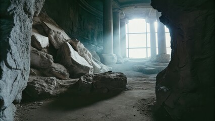 Sunlight streams into an ancient, rocky chamber with pillars and a large window, illuminating dust and stone debris on the floor.