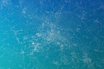 Map of the streets of Dresden (Germany) made with white lines on greenish blue gradient background. 3d render, illustration