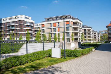 Housing development area with apartment buildings seen in Berlin, Germany