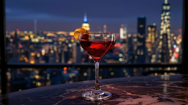 Manhattan cocktail served at night with city skyline in the background