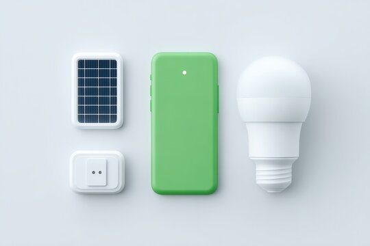 collection of energy-efficient gadgets on white backdrop showcasing innovation in minimalist design