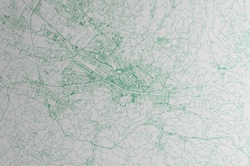 Map of the streets of Florence (Italy) made with green lines on white paper. 3d render, illustration
