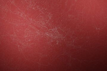 Fototapeta premium Map of the streets of Florence (Italy) made with white lines on abstract red background lit by two lights. Top view. 3d render, illustration