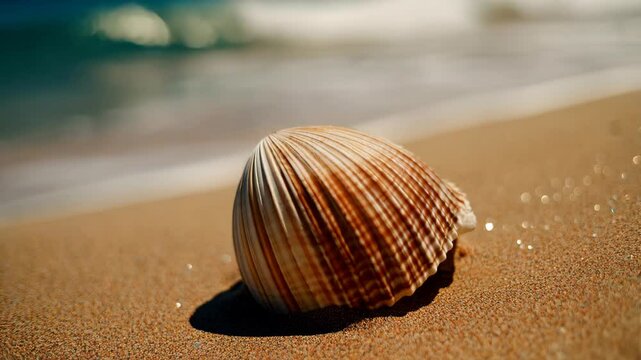 Macro photo of a sea shell on the beach, with waves rolling in on a bright sunny day in a marine environment.