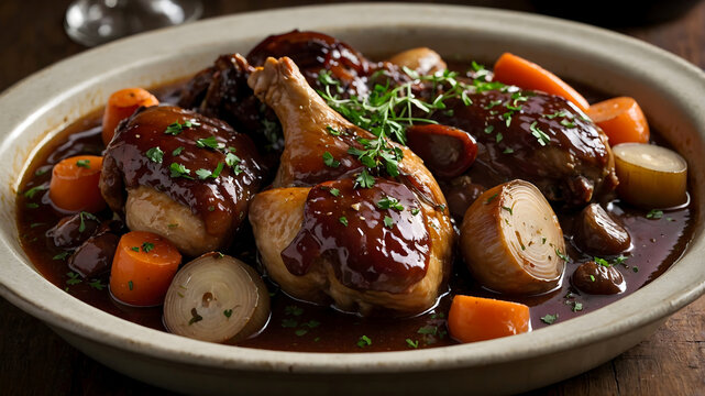 Traditional Coq au Vin Dish: Slow-Cooked Chicken in Red Wine Sauce, Ideal for Gourmet Dining and Hearty Meals. Classic French Chicken