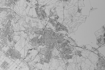 Map of the streets of Amsterdam (Netherlands) made with black lines on grey paper. Top view. 3d render, illustration