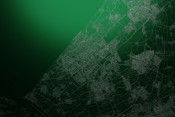 Street map of Hague (Netherlands) engraved on green metal background. Light is coming from top. 3d render, illustration