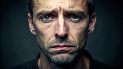 Fototapeta premium A man with a serious, sad expression, looking directly at the camera against a dark background.