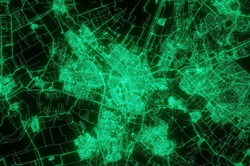 Map of the streets of Utrecht (Netherlands) made with green illumination and glow effect. Top view on roads network. 3d render, illustration
