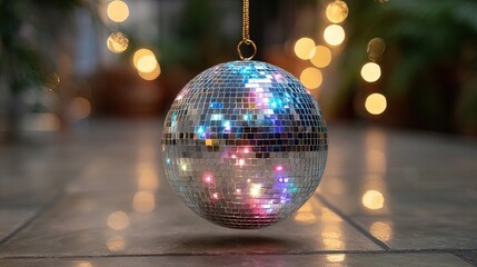 Obraz premium Sparkling disco ball with colorful reflections on polished floor under ambient party lighting