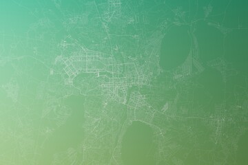 Map of the streets of Chelyabinsk (Russia) made with white lines on yellowish green gradient background. Top view. 3d render, illustration