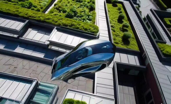 4K side-tracking loop: silent electric fly-car cruises over tree-canopy eco-park corridor between skyscrapers - AI Generated