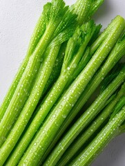 Fresh, vibrant celery stalks with water droplets