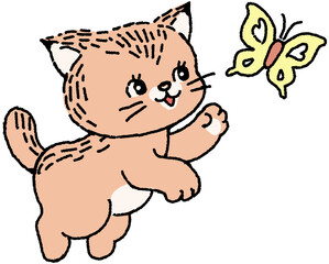 나비를 향해 점프하는 귀여운 고양이 일러스트  