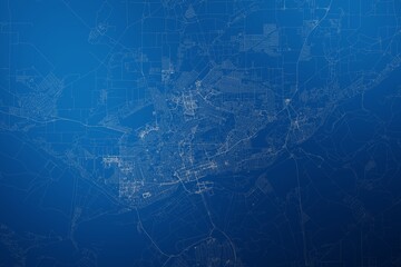 Stylized map of the streets of Rostov on Don (Russia) made with white lines on abstract blue background lit by two lights. Top view. 3d render, illustration