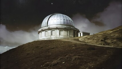 Obraz premium A large observatory dome sits atop a hill under a dramatic, cloudy night sky.