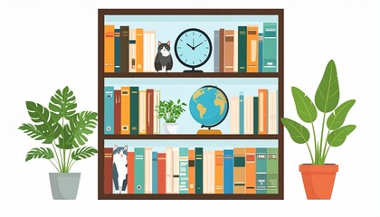 Bookshelf concept illustration. A lot of books on the shelf, clock, cat, plant and globe