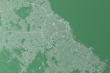 Stylized map of the streets of Buenos Aires (Argentina) made with white lines on green background. Top view. 3d render, illustration