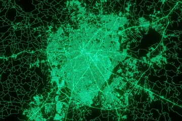 Map of the streets of Curitiba (Brazil) made with green illumination and glow effect. Top view on roads network. 3d render, illustration