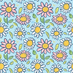 Playful Hand-Drawn Daisy and Pink Flower Seamless Pattern on Light Blue Background with Green Leaves.
