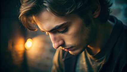 A young man sits in soft, moody lighting, looking down thoughtfully, suggesting introspection or contemplation.