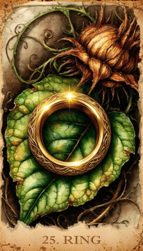 Ring. Fantasy Lenormand Oracle deck card. Fantasy vintage illustration with mystical symbols in fantasy style, colorful graphic drawing