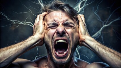 A man screams in frustration, holding his head as electric energy crackles around him, expressing intense stress or mental anguish.